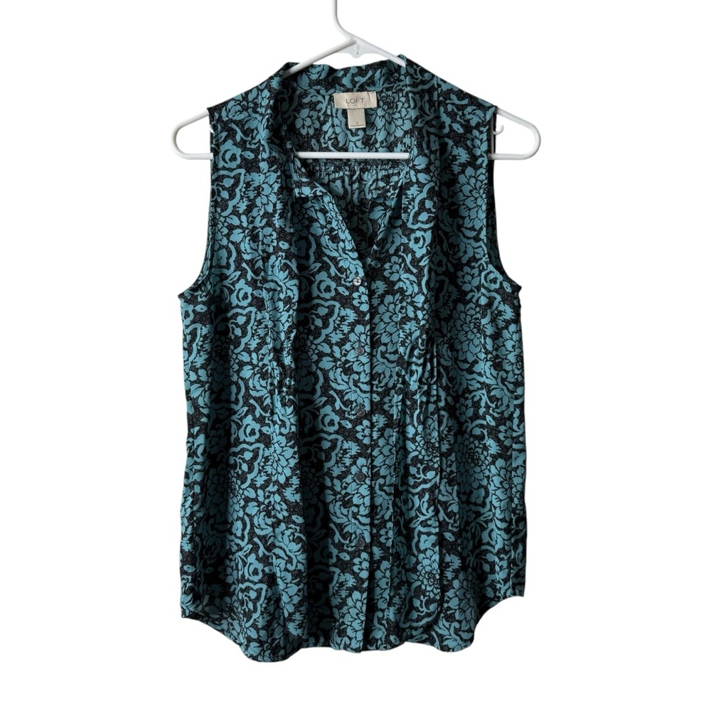 LOFT Teal and Black Sleeveless Floral Print Blouse